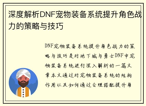 深度解析DNF宠物装备系统提升角色战力的策略与技巧